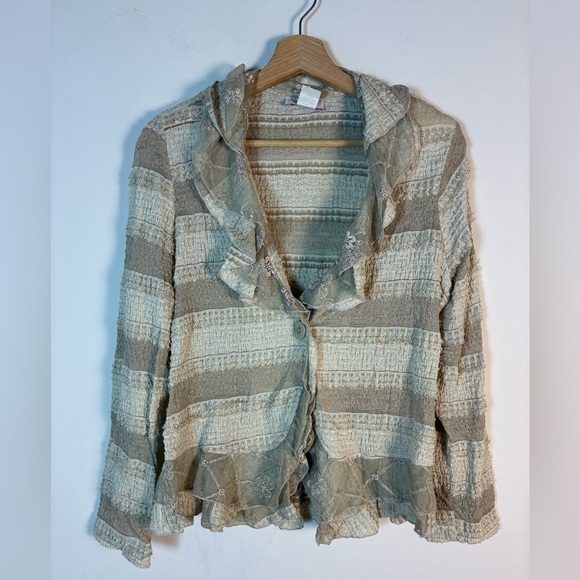 IC Collection Connie K Cardigan Ruffle Ivory Lace Button Lagenlook Boho Fairy M - Picture 2 of 13